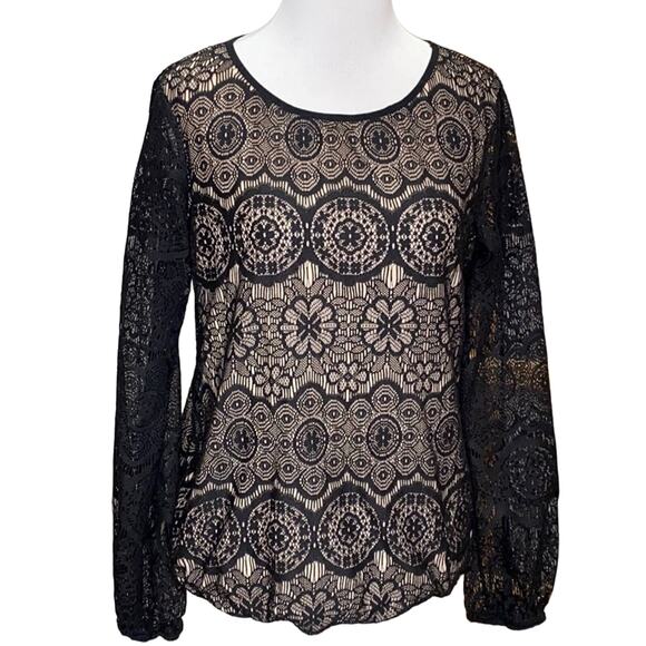 Max Studio Lace Overlay Long Sleeve Blouse Small - Picture 1 of 6